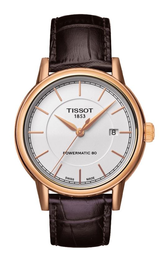Tissot Carson Men's Automatic Rose Gold PVD Classic Watch with White Dial and Brown Leather Strap T0854073601100