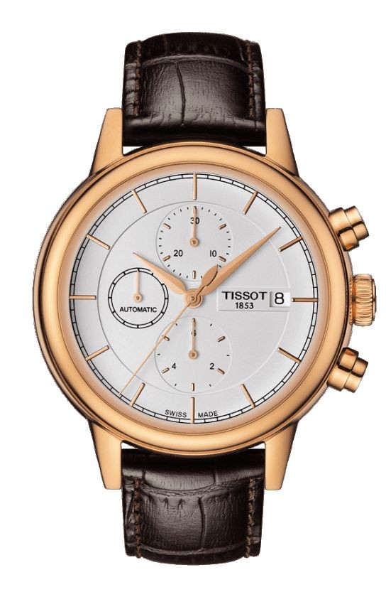 Tissot Carson Men's Automatic Chrono Rose Gold PVD Case White Dial Watch with Brown Leather Strap T0854273601100