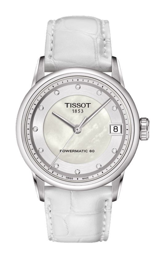 Tissot Luxury Automatic Lady Diamond Index White MOP Dial Watch with White Leather Strap T0862071611600