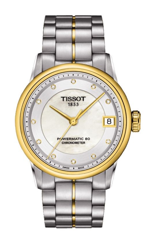 Tissot Luxury Automatic COSC Women's Diamond Gold PVD Case White MOP Dial Watch with Stainless Steel Bracelet T0862082211600
