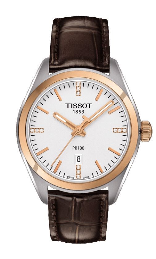 Tissot PR 100 Women's Quartz Silver Dial with Diamonds with Brown Leather strap T1012102603600