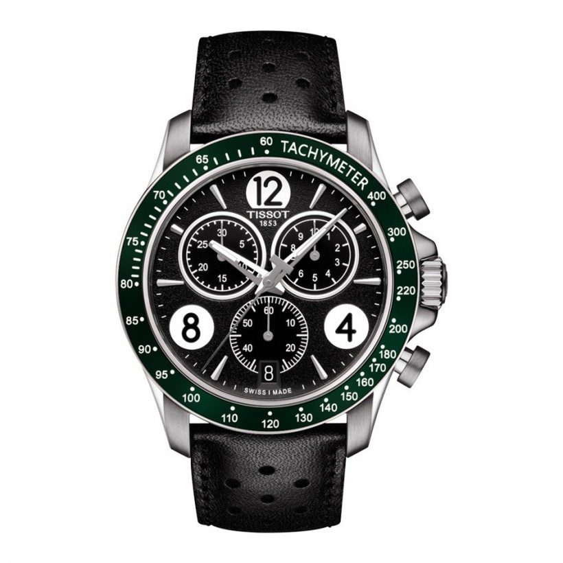 Tissot V8 Men's Quartz Black Dial Watch with Green Bezel