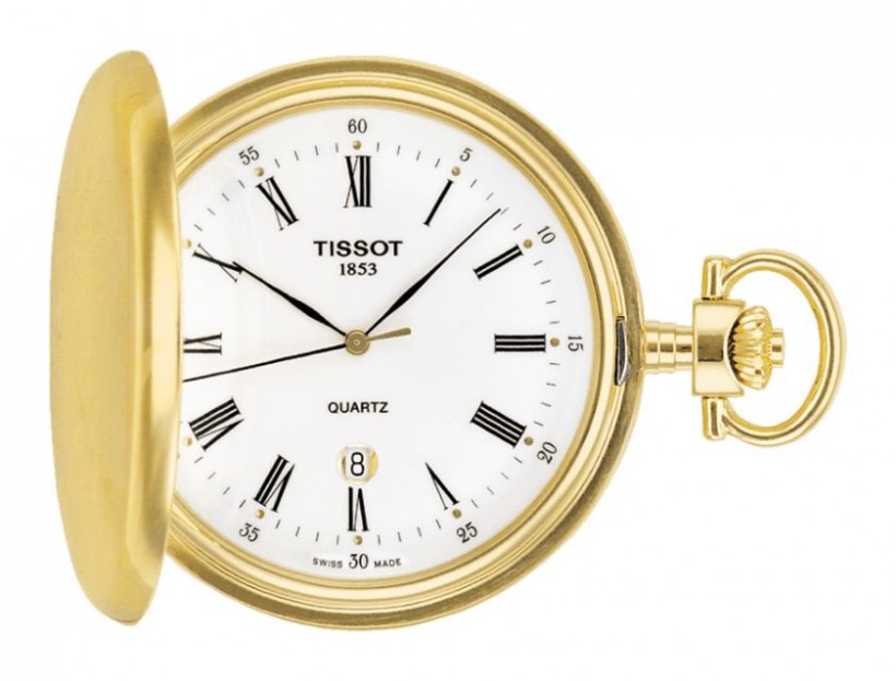 Tissot Savonnette Men's Quartz Pocket Watch with Goldtone Case, White Dial and Chain T83455313