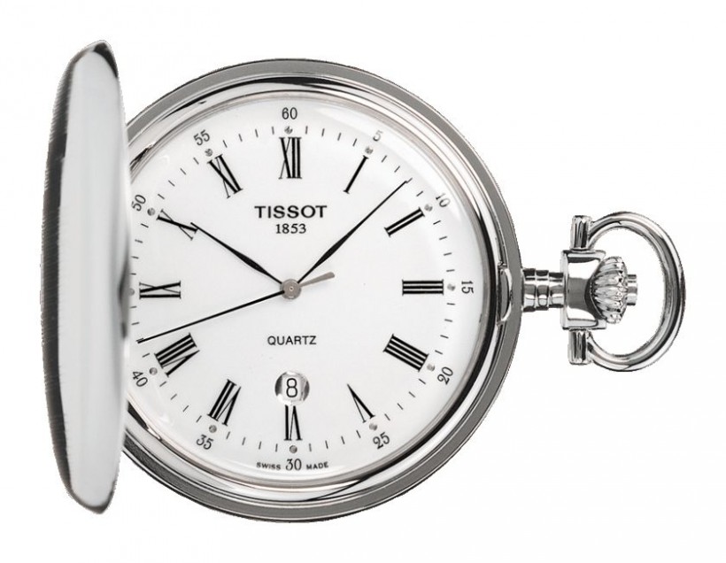 Tissot Savonnette Men's Quartz Pocket Watch with White Dial and Chain T83655313