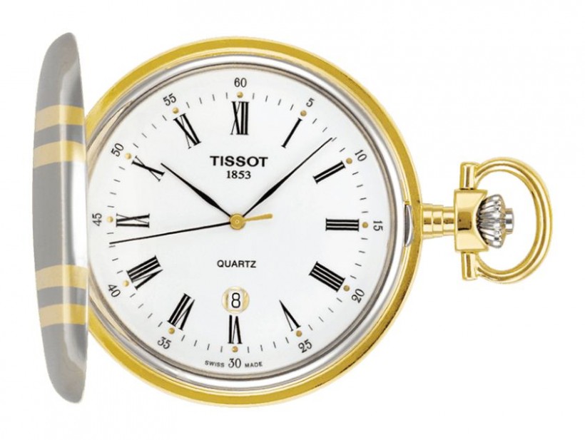 Tissot Savonnette Men's Quartz Pocket Watch with Two-Tone Case, White Dial and Chain T83855313