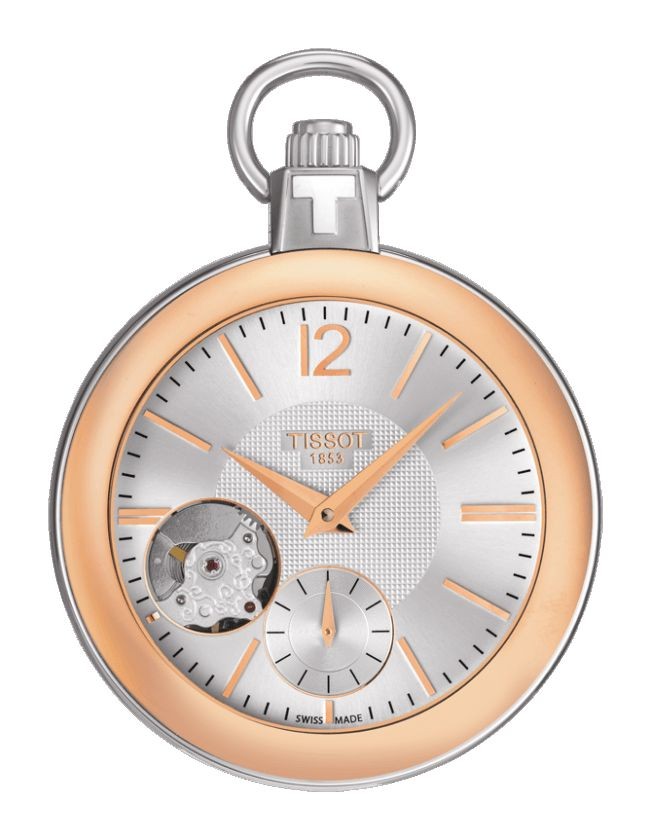 Tissot Pocket 1920 Men's Mechanical Pocket Watch with Rose Gold PVD Case, Silver Dial and Chain T8534052903701