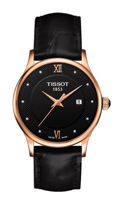 Tissot Rose Dream Lady Quartz Diamond 18K Gold Case Black Dial Watch with Black Leather Strap T9142107605600