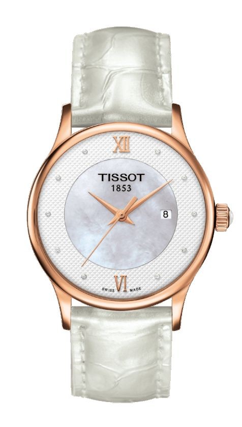Tissot Rose Dream Women's Quartz Diamonds 18K Gold Case White Dial Watch with White Leather Strap T9142107611600
