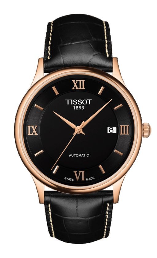 Tissot Rose Dream Men's Automatic 18K Rose Gold Case Black Dial Watch with Black Leather Strap T9144077605800