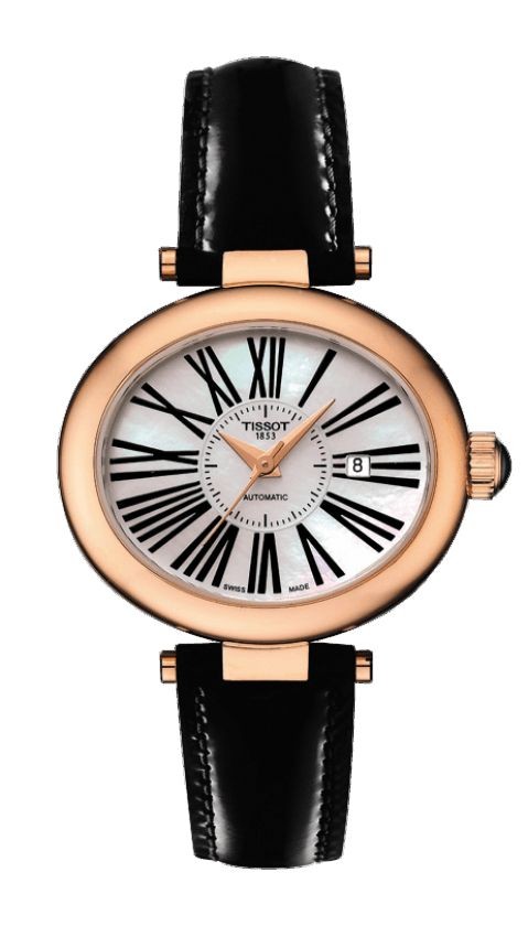 Tissot Glamorous 18K Rose Gold Automatic Women's Watch with Black Leather Strap T9173077611301