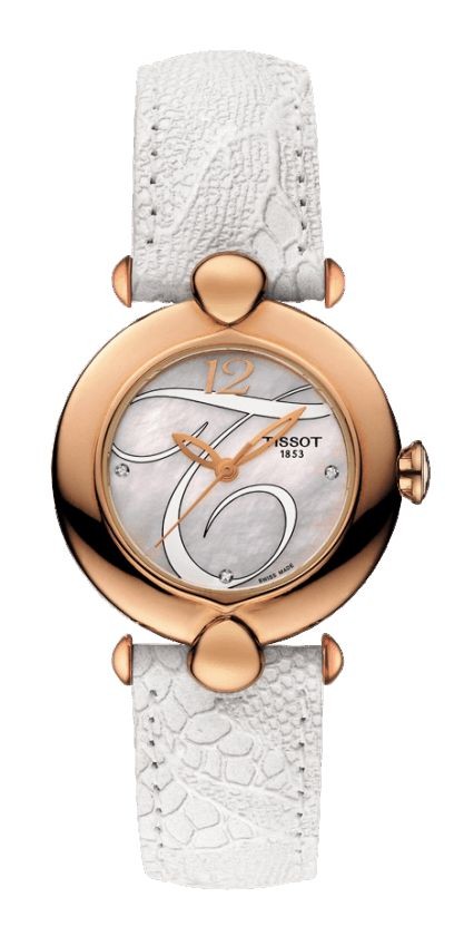 Tissot Pretty 18K Rose Gold Quartz White MOP Dial Diamond Watch with White Leather Strap T9182107611601