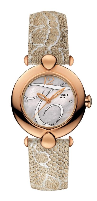 Tissot Pretty 18K Rose Gold Quartz White MOP Dial Diamond Watch with Light Brown Leather Strap T9182107611602
