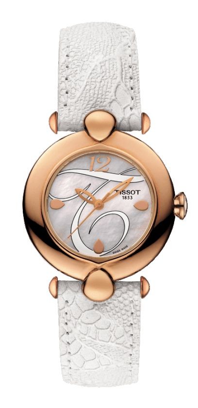 Tissot Pretty 18K Rose Gold Case White MOP Dial Watch with White Leather Strap T9182107611700