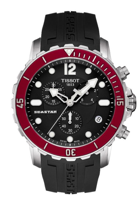 Tissot Seastar Men s Quartz Chronograph Black Dial Red Bezel Watch with Black Rubber Strap