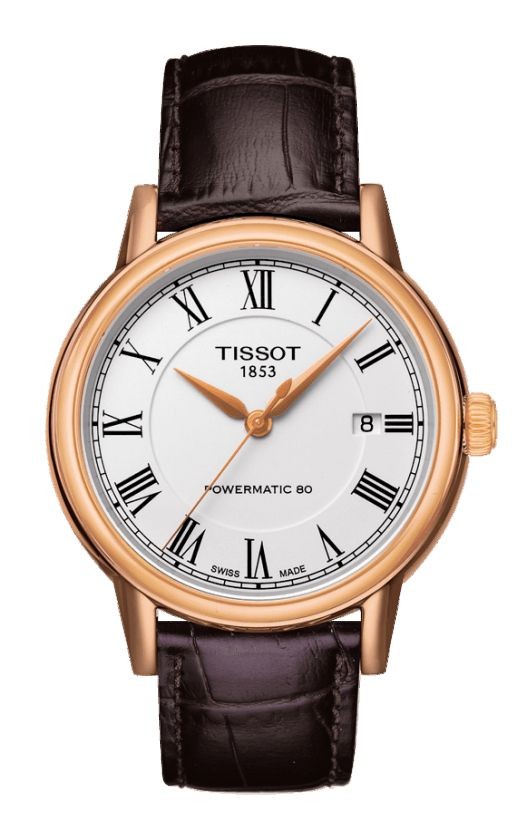 Tissot Carson Men s Automatic Rose Gold PVD Classic Watch with White Roman Dial and Brown Leather Strap