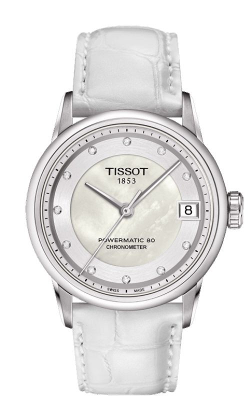 Tissot Luxury Automatic COSC Women s Chronometer Diamond White MOP Dial Watch with White Leather Strap T086.208.16.116.00