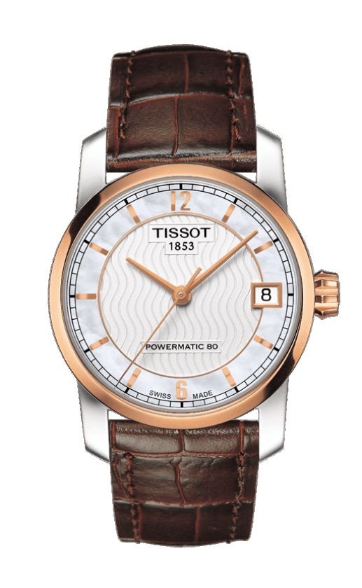 Tissot Titanium Women s Automatic White MOP Dial Watch with Brown Leather Strap