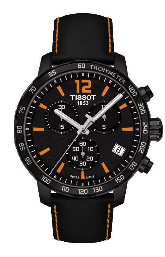 Tissot Quickster Men s Quartz Chronograph Black and Orange Dial Watch with Black Leather Strap