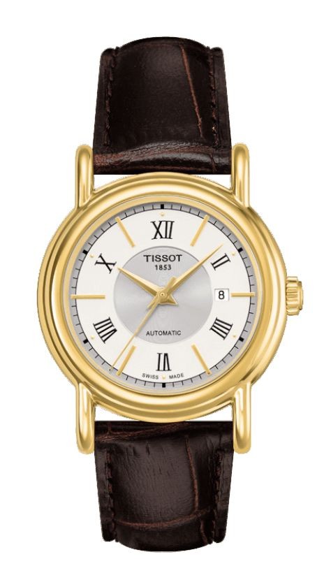 Tissot Carson 18K Gold Lady Automatic Silver Dial Watch with Brown Leather Strap