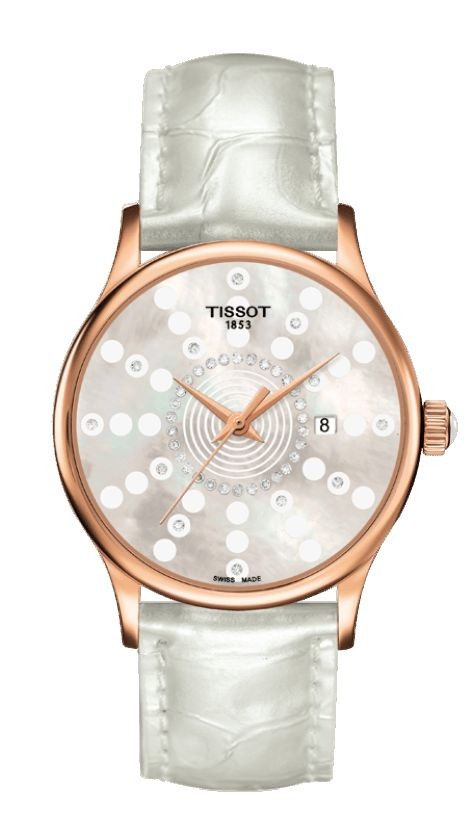 Tissot Rose Dream Lady Quartz Diamond 18K Rose Gold Case White MOP Dial Watch with White Leather Strap