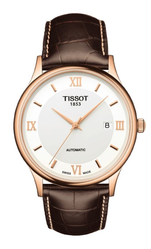 Tissot Rose Dream Men s Automatic 18K Rose Gold Case White Dial Watch with Brown Leather Strap