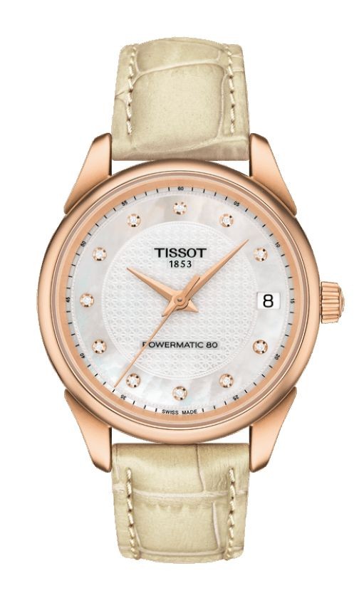 Tissot Vintage Women s Powermatic 80 18K Rose Gold White MOP with Diamonds Dial with White Leather Strap