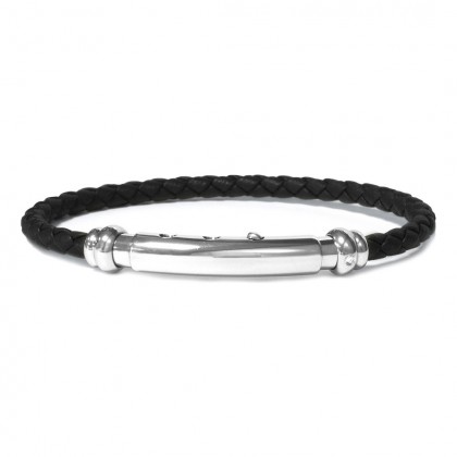 Borsari Black Leather Rope Bangle With Natural Stainless Steel