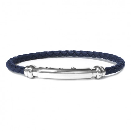 Borsari Blue Leather Rope Bangle With Natural Stainless Steel