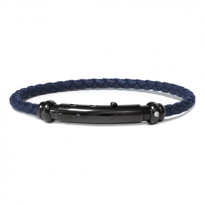 Borsari Blue Leather Rope Bangle With Black Polyester Steel
