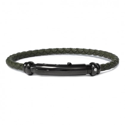 Borsari Green Leather Rope Bangle With Black Polyester Steel