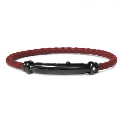Borsari Cherry Leather Rope Bangle With Black Polyester Steel