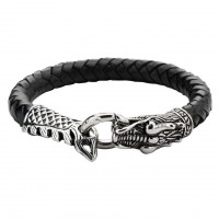 Inox Dragon Head & Tail In Black Braided Leather Bracelet