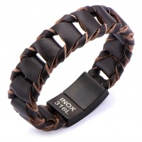 Inox Big Fold Braided Brown Leather Bracelet