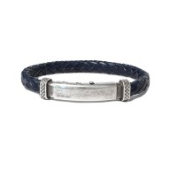 Navy blue leather bracelet, burnish silver clasp br-ercole19