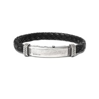 Black leather bracelet, burnish silver clasp br-ercole16