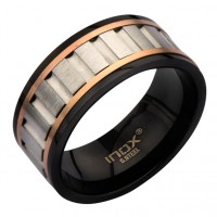 Inox IP Black Ring With Vertical Steel Groove & IP Gold Spinner