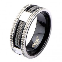 Inox Men's IP Black Ring With Steel Grid Groove & Cable Inlayed