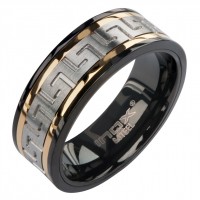 Inox Greek Key IP Gold Edge IP Black Matte & Polished Ring