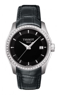 Tissot Couturier Lady Quartz Precious Stone Case Black Dial Watch with Black Leather Strap T0352106605100