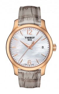 Tissot Tradition Women's Quartz Rose Gold Case MOP Dial Watch with Grey Synthetic Strap T0632103711700
