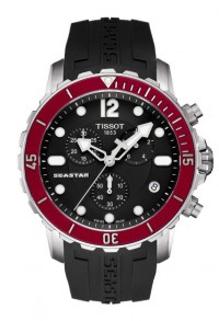 Tissot Seastar Men's Quartz Chronograph Black Dial Red Bezel Watch with Black Rubber Strap T0664171705701
