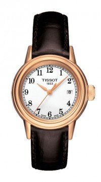 Tissot Carson Women's Quartz Rose Gold PVD Case White Arabic Dial Watch with Brown Leather Strap T0852103601200
