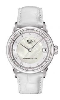 Tissot Luxury Automatic Lady Diamond Index White MOP Dial Watch with White Leather Strap T0862071611600