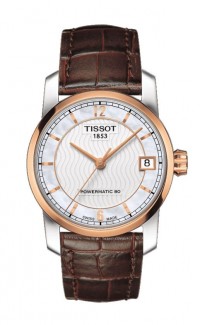 Tissot Titanium Women's Automatic White MOP Dial Watch with Brown Leather Strap T0872075611700