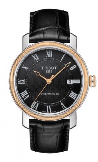 Tissot Bridgeport Men's Powermatic 80 Gold PVD Bezel Black Dial Watch with Black Leather Strap T0974072605300