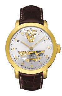 Tissot Sculpture Line Men's Mechanical Roman 18k Gold Case Silver Dial Watch with Brown Leather Strap T71347133