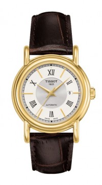 Tissot Carson 18K Gold Lady Automatic  Silver Dial Watch with Brown Leather Strap T9070071603800