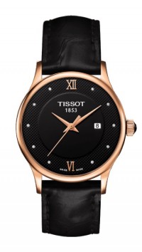 Tissot Rose Dream Lady Quartz Diamond 18K Gold Case Black Dial Watch with Black Leather Strap T9142107605600