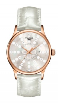 Tissot Rose Dream Lady Quartz Diamond 18K Rose Gold Case White MOP Dial Watch with White Leather Strap T9142107611601