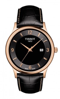 Tissot Rose Dream Men's Quartz 18K Rose Gold and Steel Case Black Dial Watch with Black Leather Strap T9144104605700